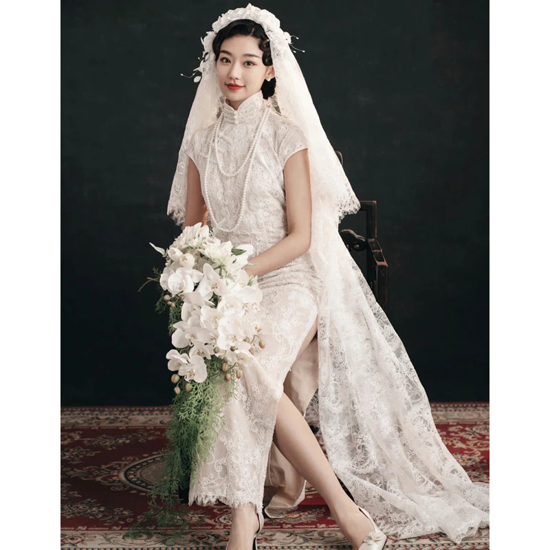 French light wedding dress with lace white, slimming and minimalist small stature Korean cheongsam dress