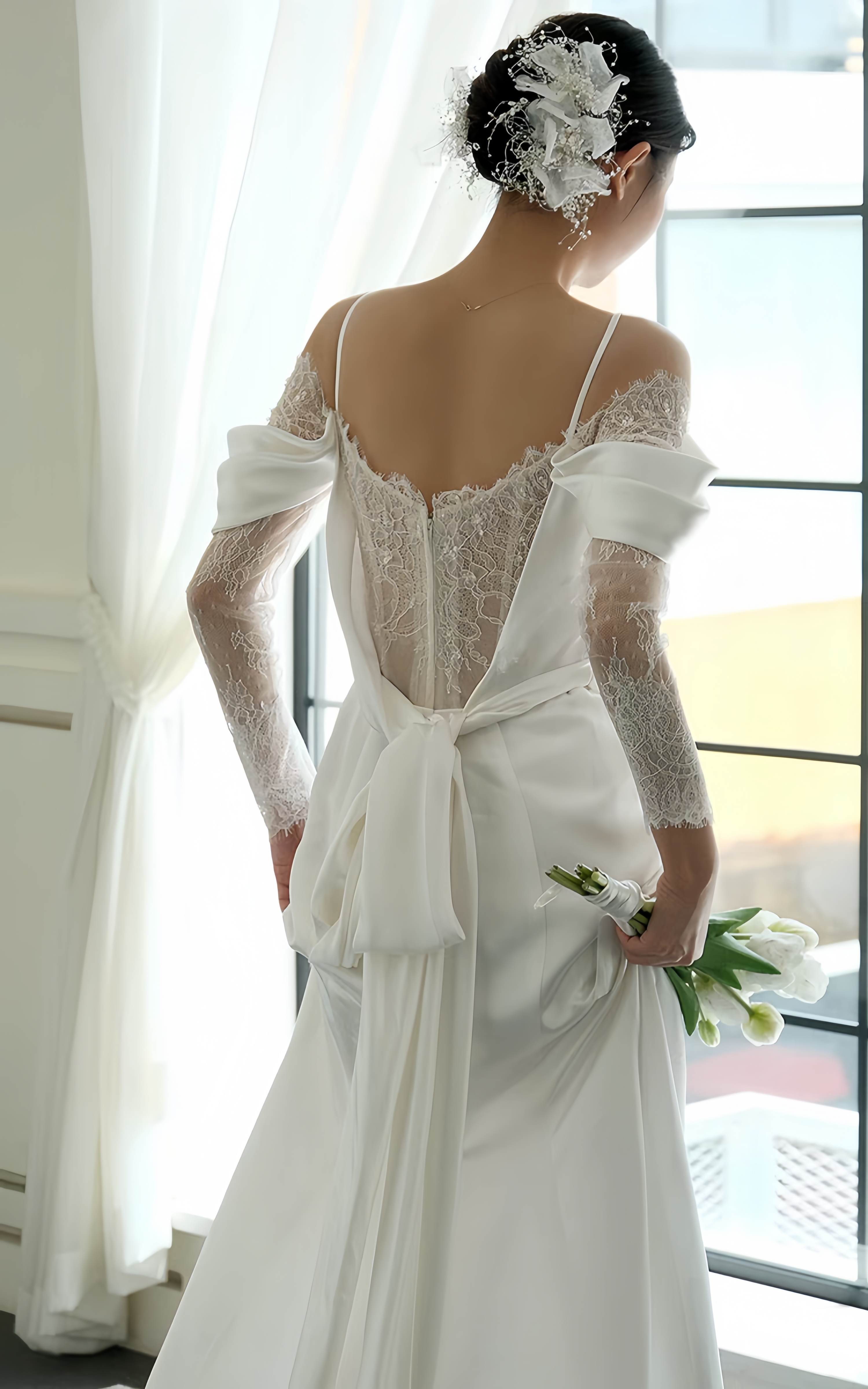 One Shoulder French Light Wedding Dress 2024 New Style Slim Hanging Strap Korean Welcoming and Going Out Bride Tail Lace Dress