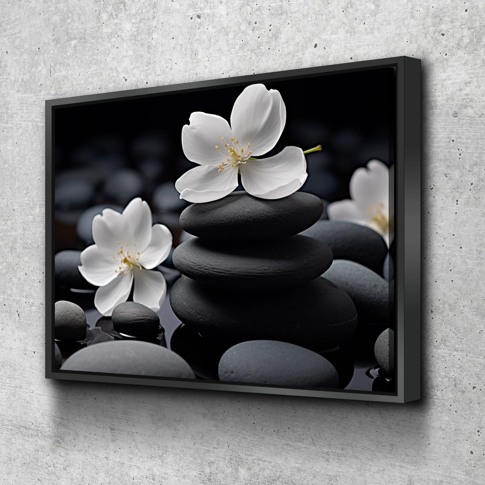 Floral Zen Stones Black Spa Bathroom Wall Art | Bathroom Wall Decor | Bathroom Canvas Art Prints | Canvas Wall Art