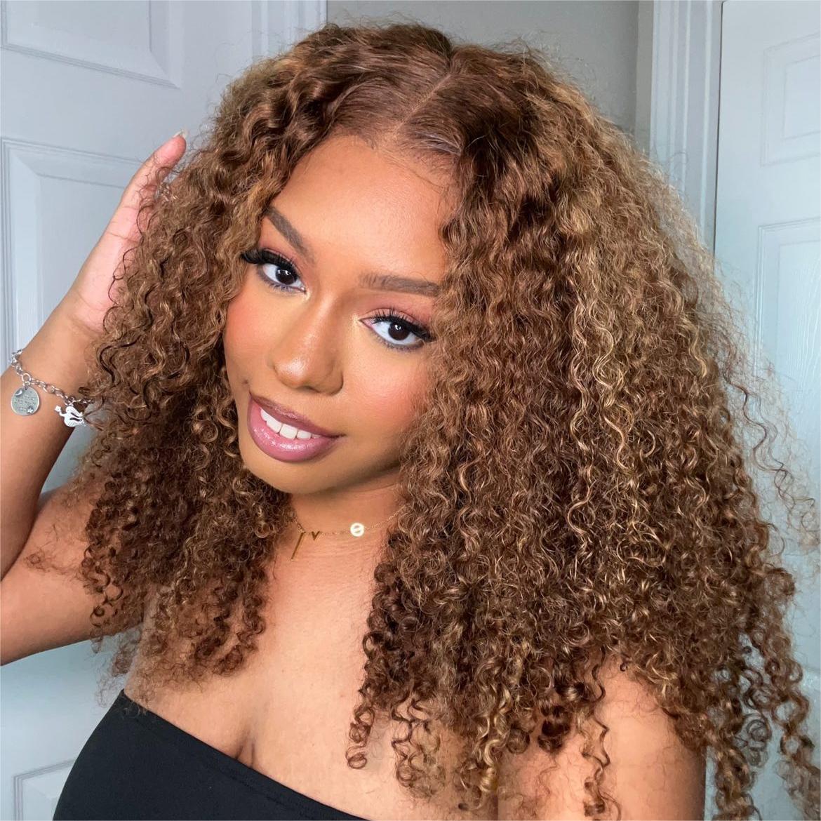 Pre-Cut Lace Wear Go Glueless Wig Honey Blonde With Brown Piano Color Curly Breathable