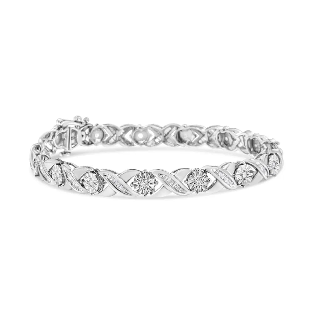 .925 Sterling Silver 1.0 Cttw Round & Baguette Diamond X-Link Tennis Bracelet