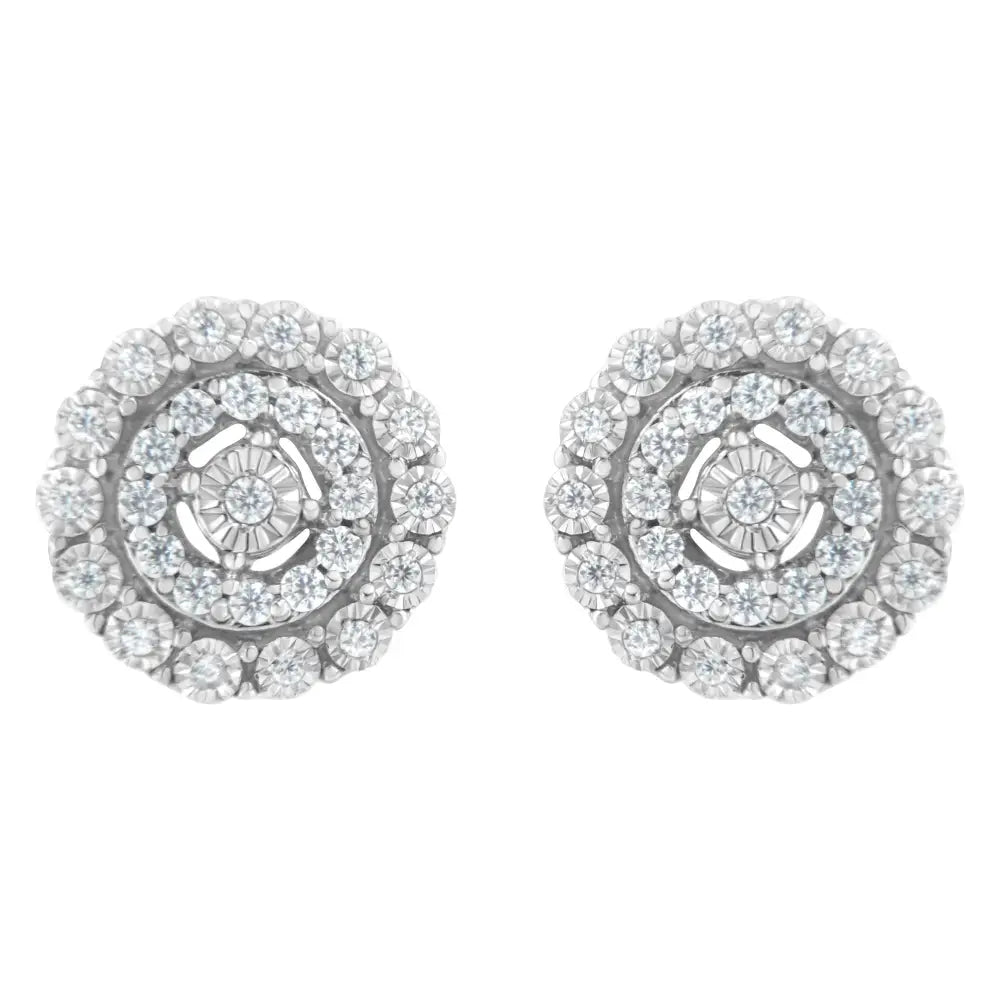 .925 Sterling Silver 1/2 Cttw Miracle-Set Diamond Double Halo Stud Earrings