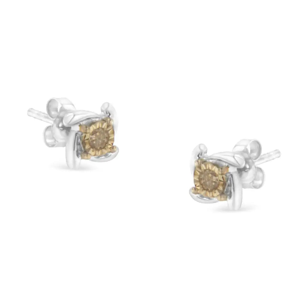 Two-Toned Sterling-Silver Champagne Diamond Stud Earrings (0.10 cttw)