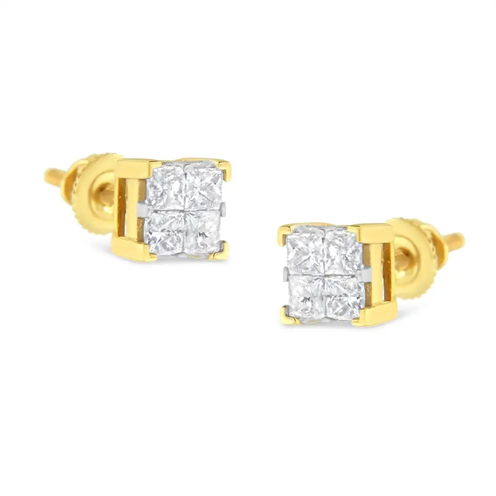 Exquisite 10k Yellow Gold Invisible Set Princess-cut Diamond Earrings