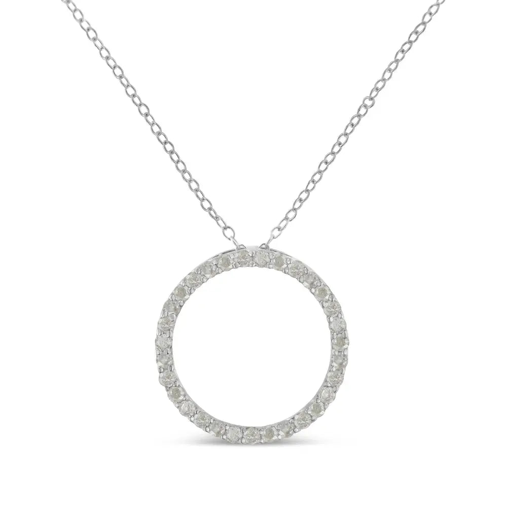 Elegant Round-cut Diamond Open Circle Halo Sterling Silver Pendant Necklace