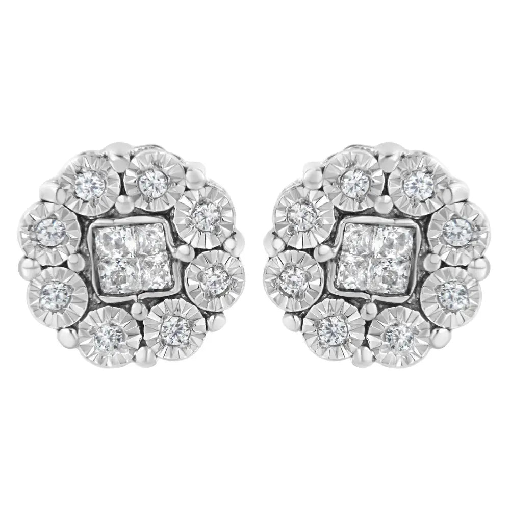 Radiant 10kt White Gold 1/4ct Diamond Floral Cluster Stud Earrings