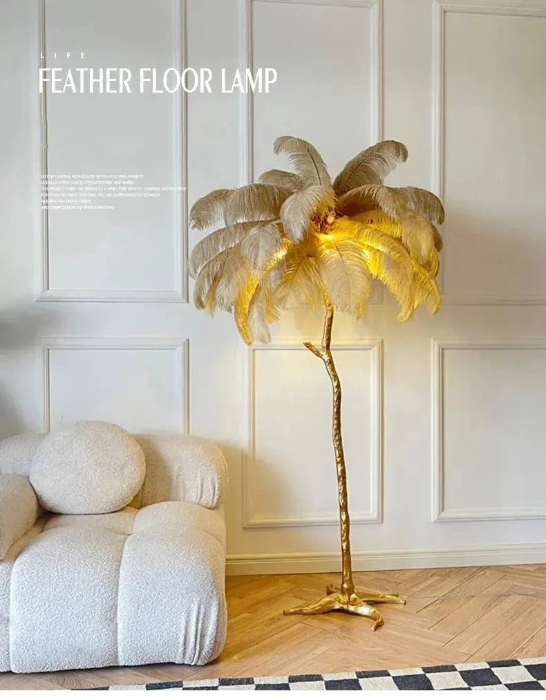 Nordic Ostrich Feather Led Floor Lamp Resin Copper Living Room Home Decor Standing Light Indoor Lighting Bedroom Bedside Light