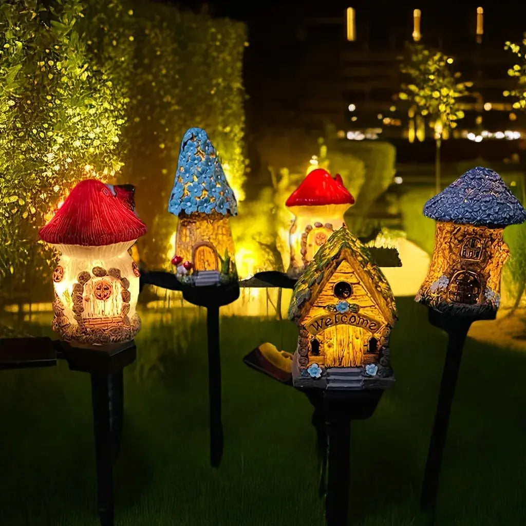 Creative Solar Resin Mushroom House Light Outdoor Waterproof LED Cartoon Ground Plug Light Garden Decoration Lawn Landscape Lamp