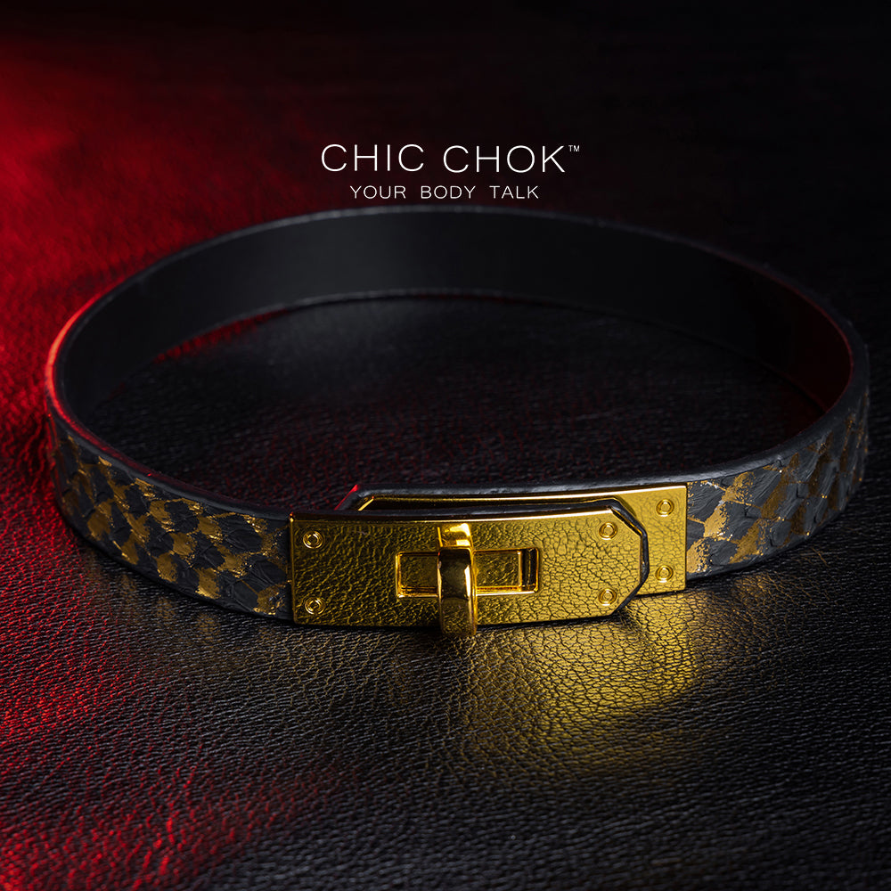 CHICCHOK [Dark Romance] - Black and Gold Python Classic Front Closure Non-adjustable Fashion Choker