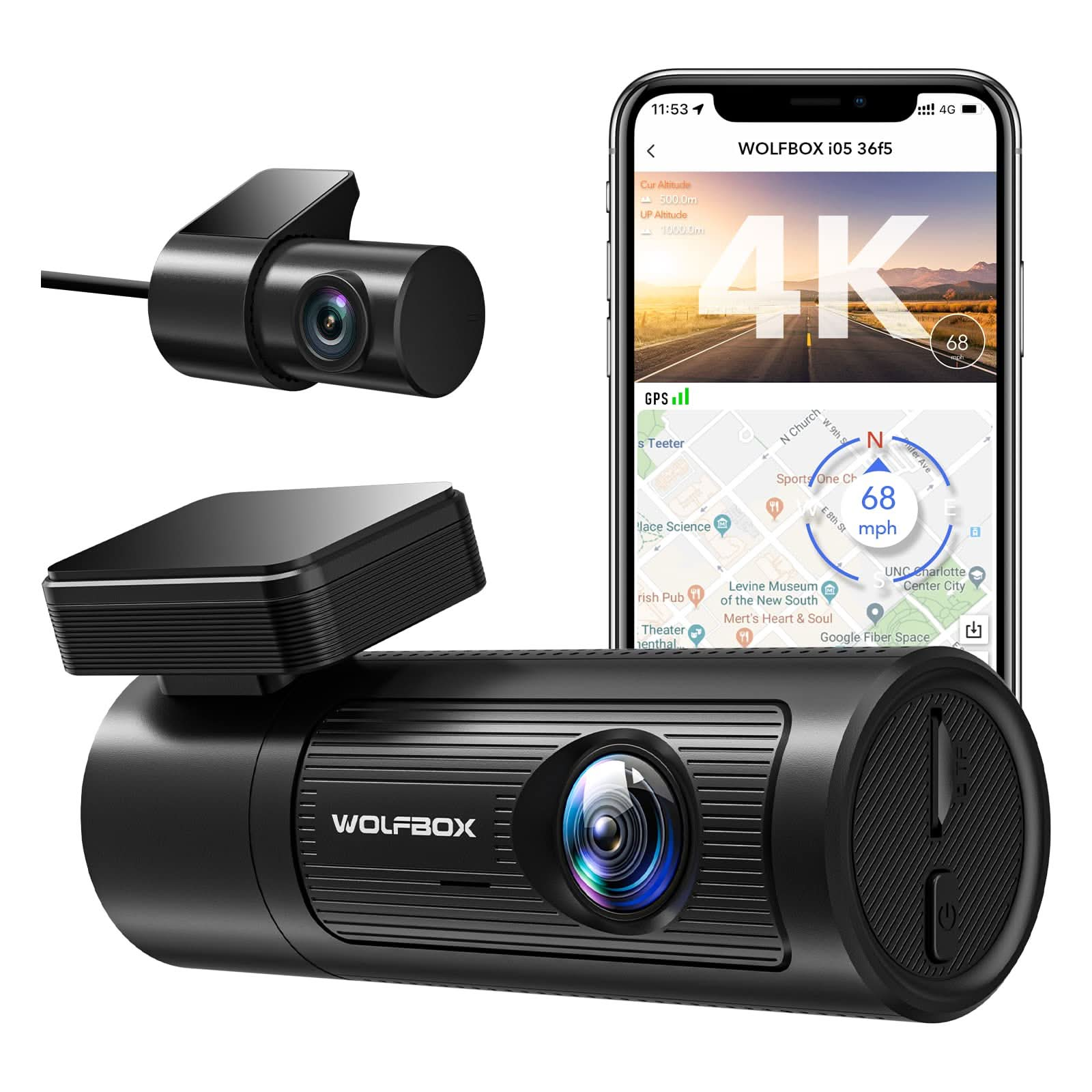 i05 | WOLFBOX Dash Cam Front and Rear, 4K Dash Cam with GPS WiFi UHD 2160P/1600P + 1080P