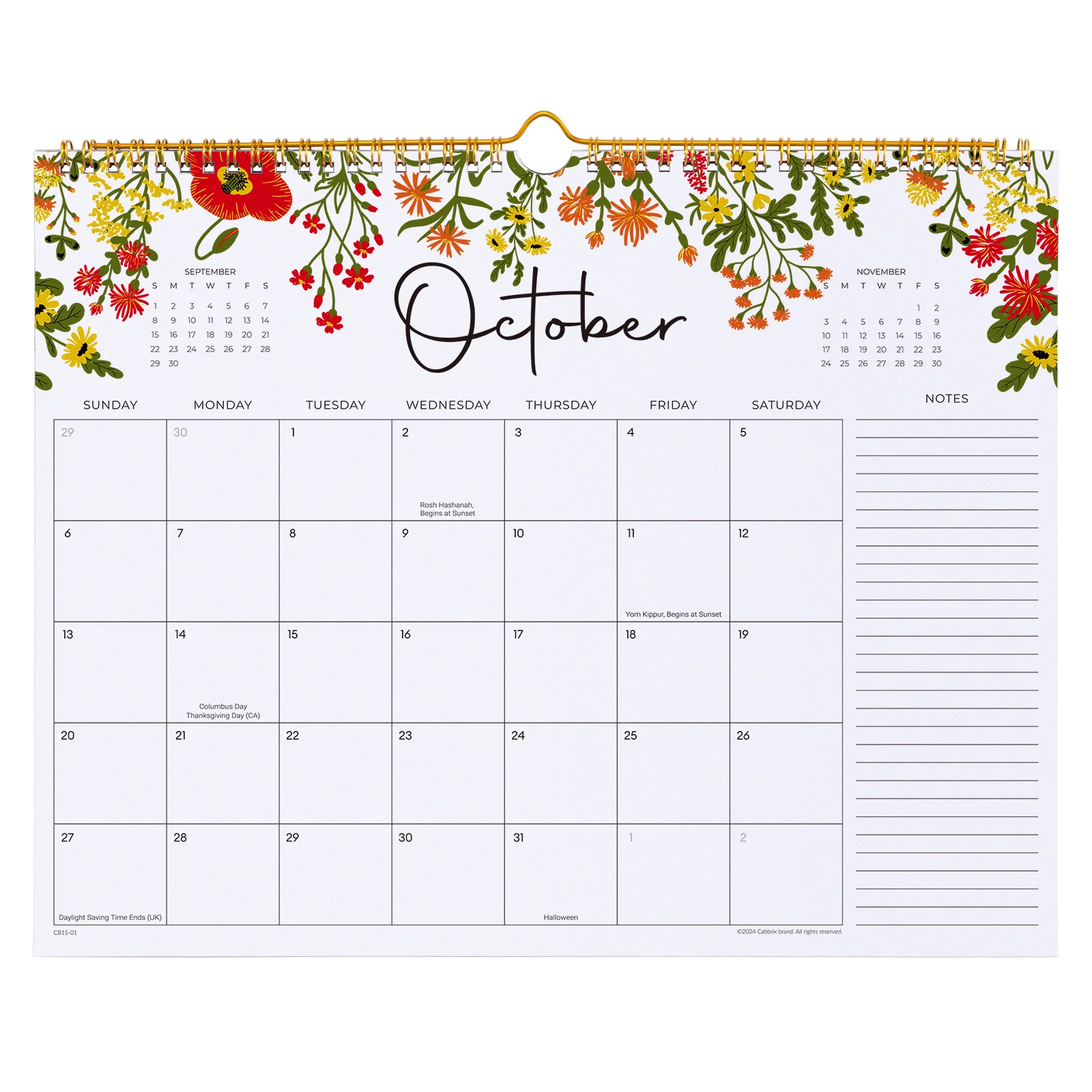 Cabbrix 2024-2025 Wall Calendar, Wirebound, Floral Elements