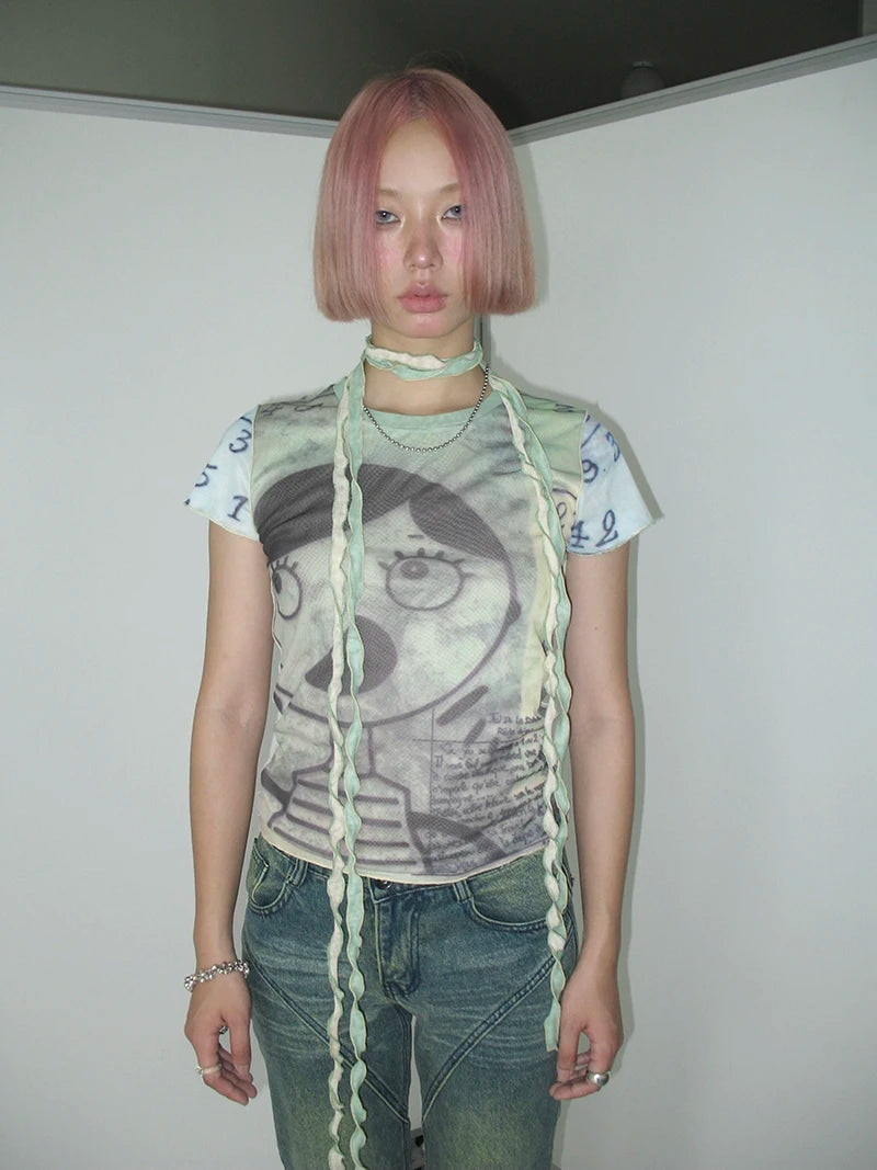 Y2K Cartoon Girl Mesh Top