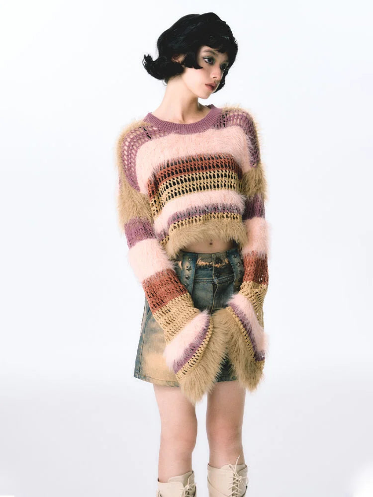 Y2K Fuzzy Crochet Crop Sweater