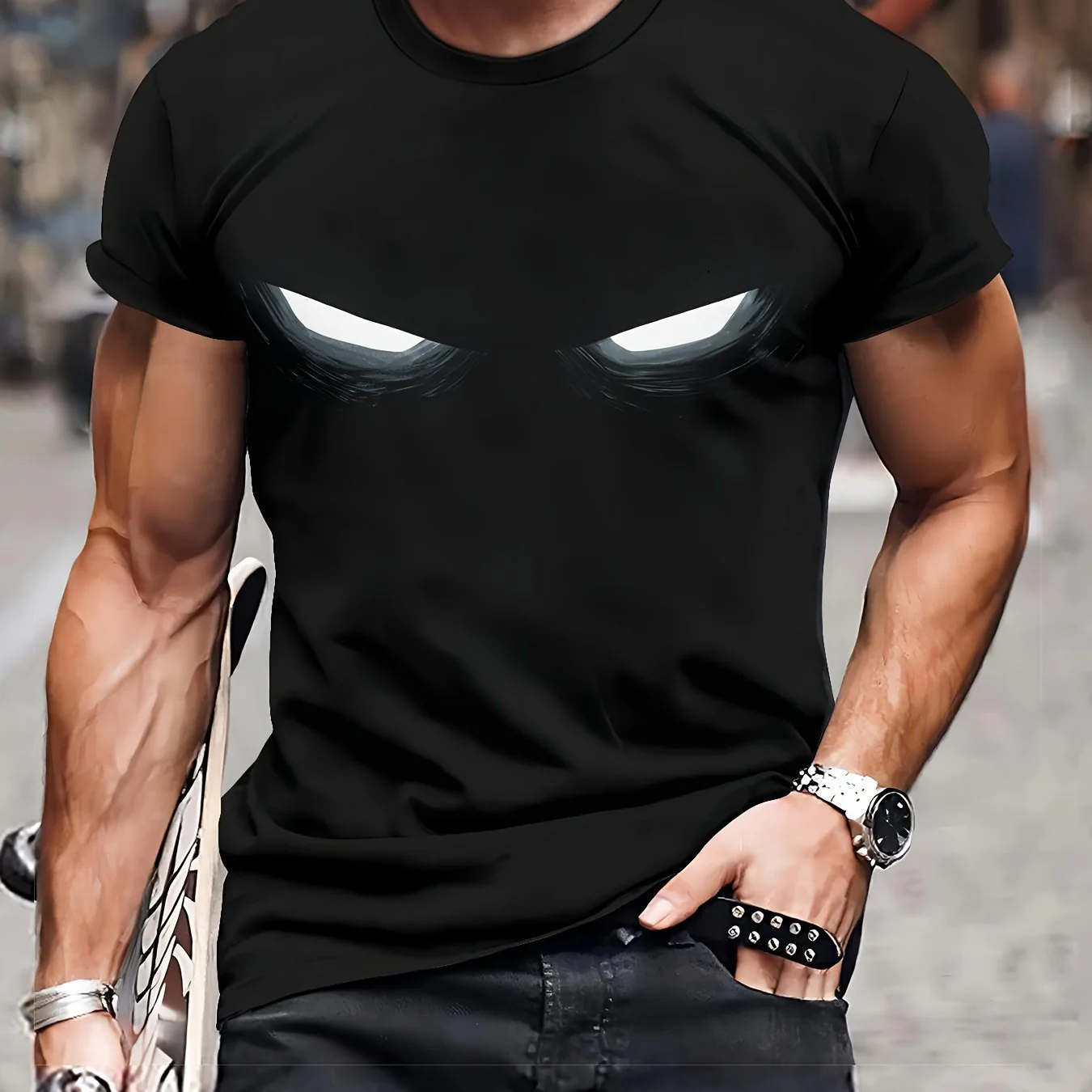 Men's Casual Round Neck T-shirt With 3D Glowing Eye Print