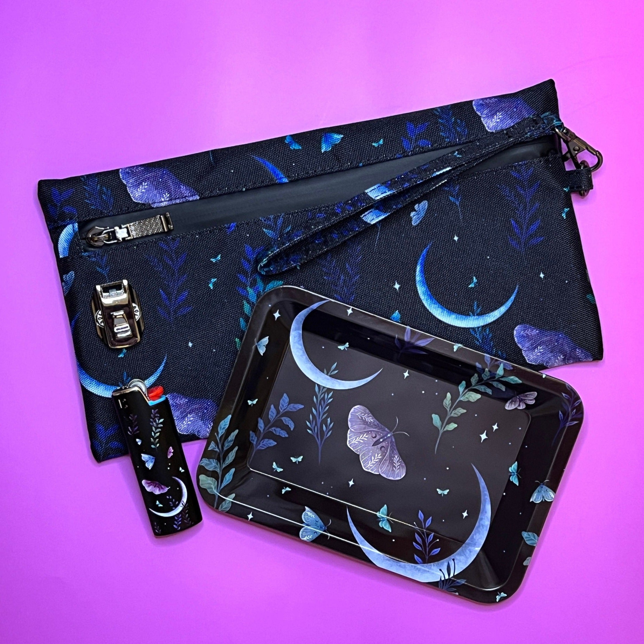 Stoner Set Butterfly and Moon 3 pcs (Smell Proof Bag, Rolling Tray, Lighter Case)