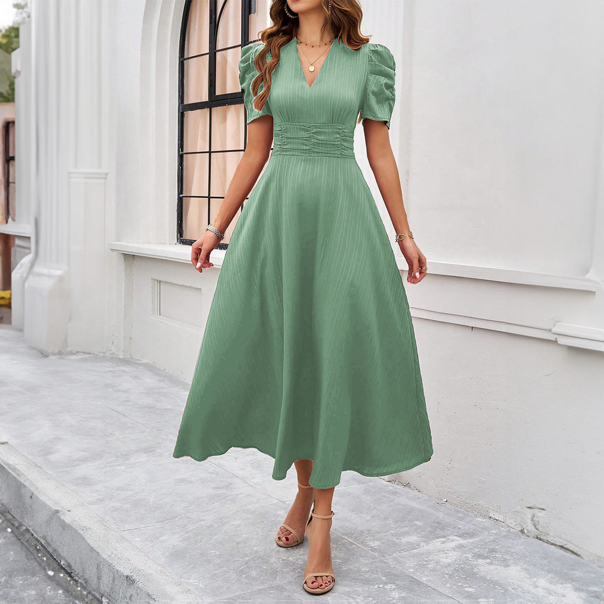 Spring and summer elegant solid color waist tight dress