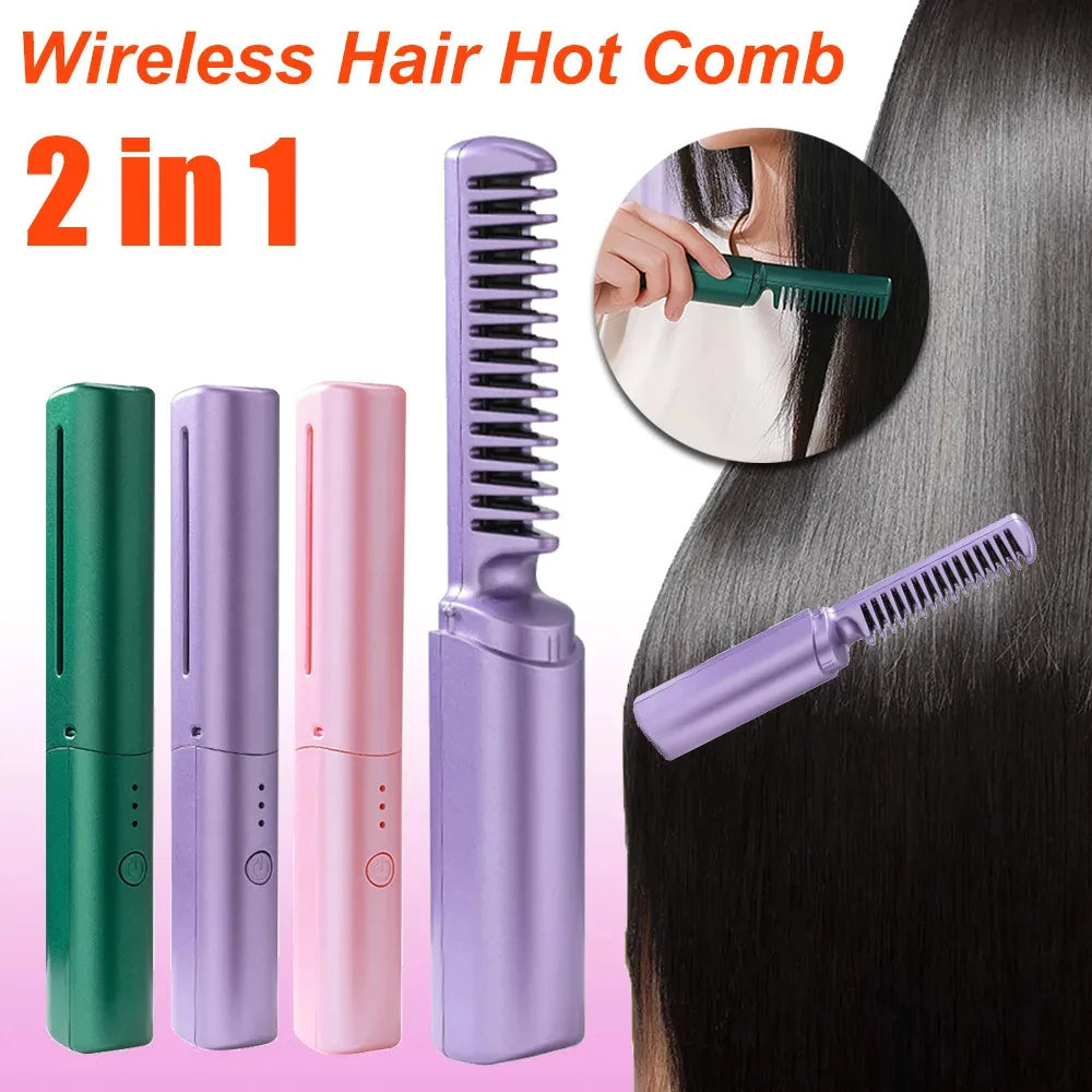 Professional Cordless Hair Straightener Curler Comb Fast Heating Negative Ion Straightening Curling Brush Hair Styling Tools