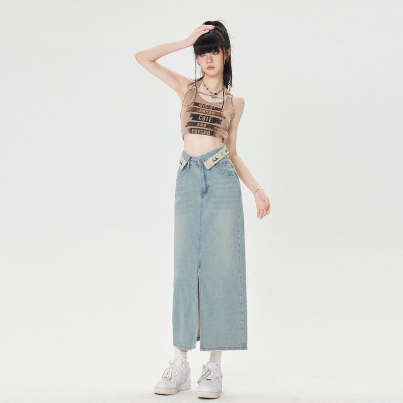 MDH Ruffled Letter Embroidered Denim Skirt KT867