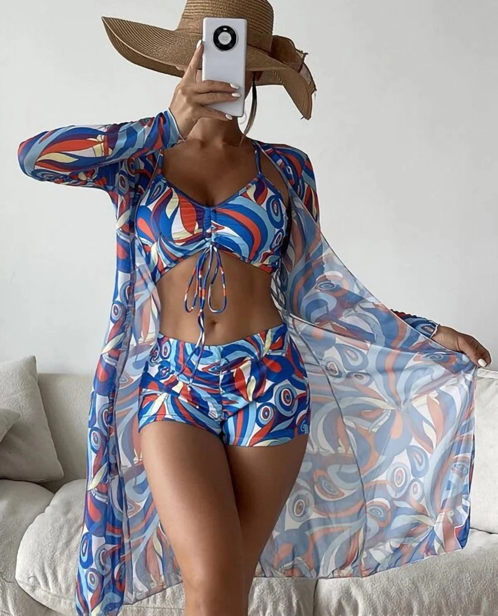 Abstract Split Three Piece Swimsuit