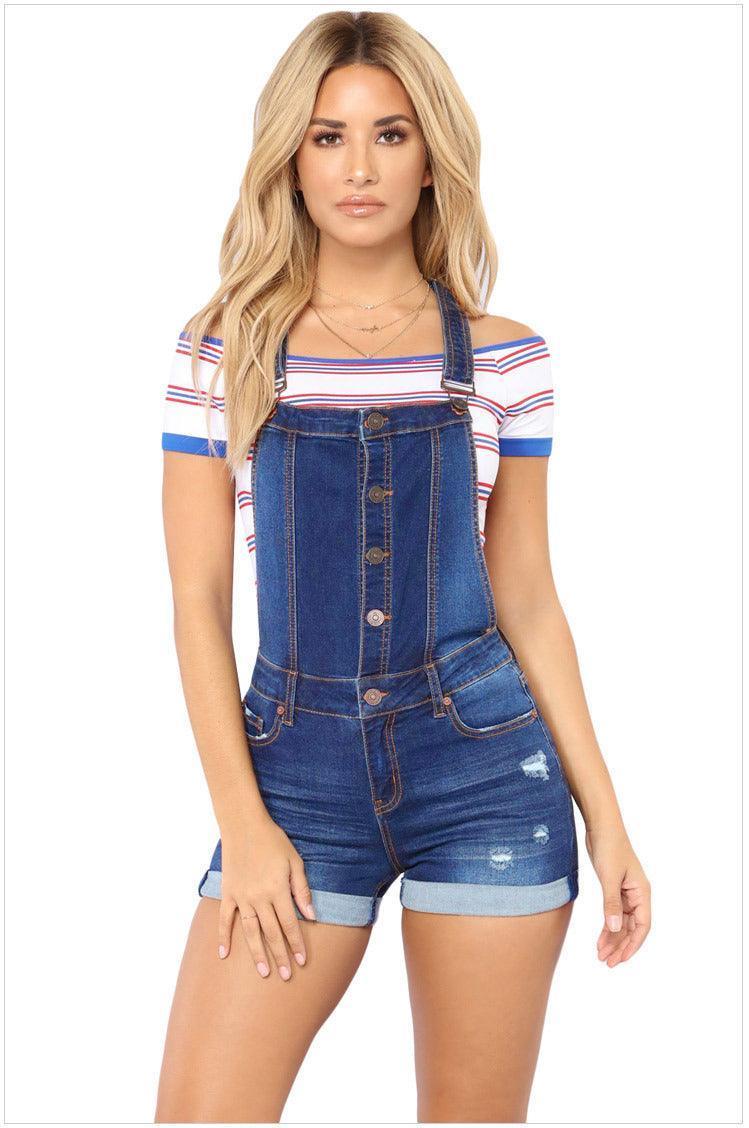 Distressed Denim Romper with Hip-Lifting Strap