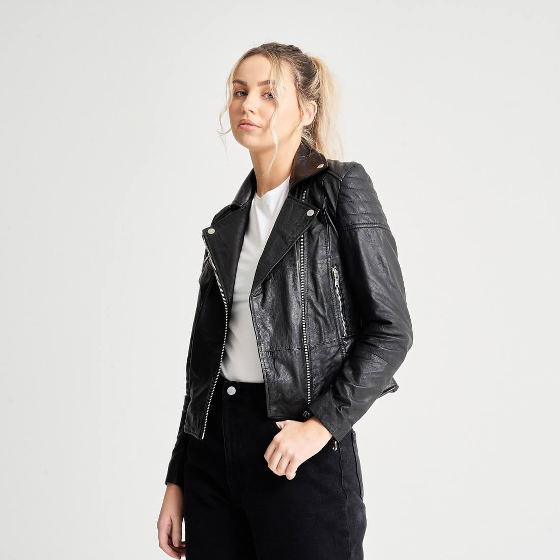 Women’s Leather Jacket with Textured Detail – Clara