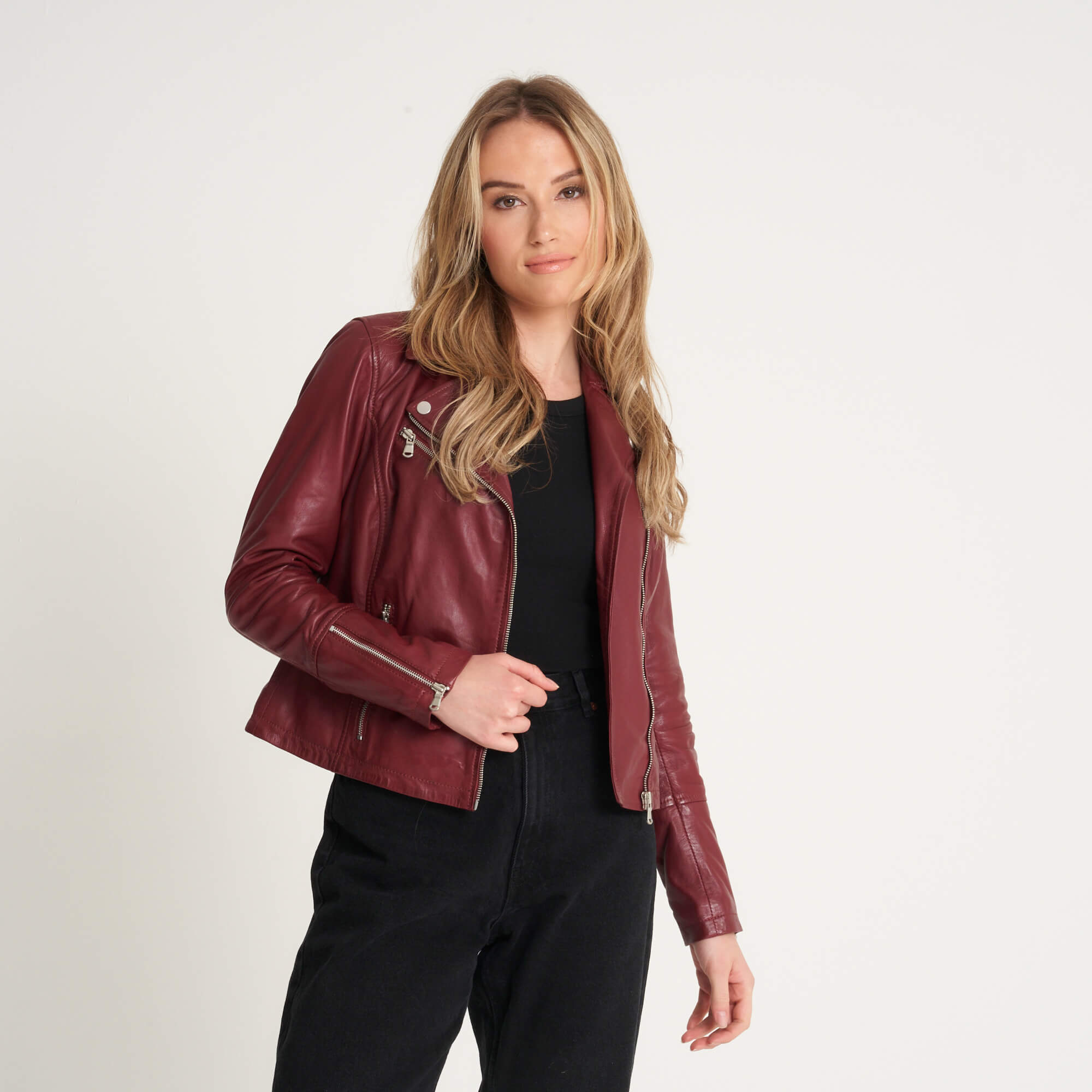 Women’s Chrome-Free Red Leather Biker Jacket