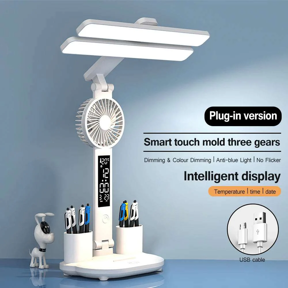 Desk light with Fan and Clock | 180 rotatable, eye protecting, Dimmable Rechargeable / Plug in Light