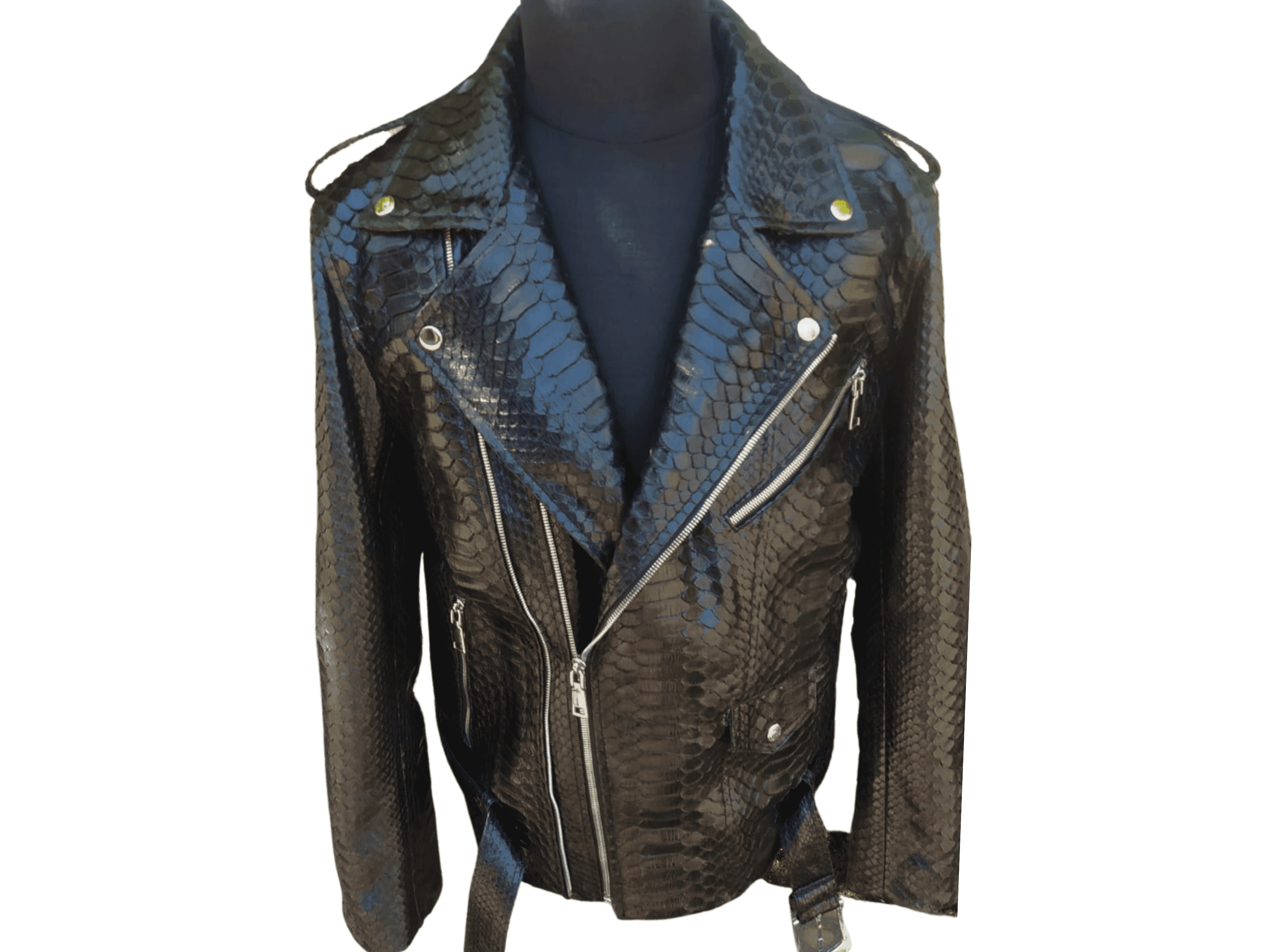 Black Motorcycle Leather Jacket Real Python Snake Skin with Glossy Finishing