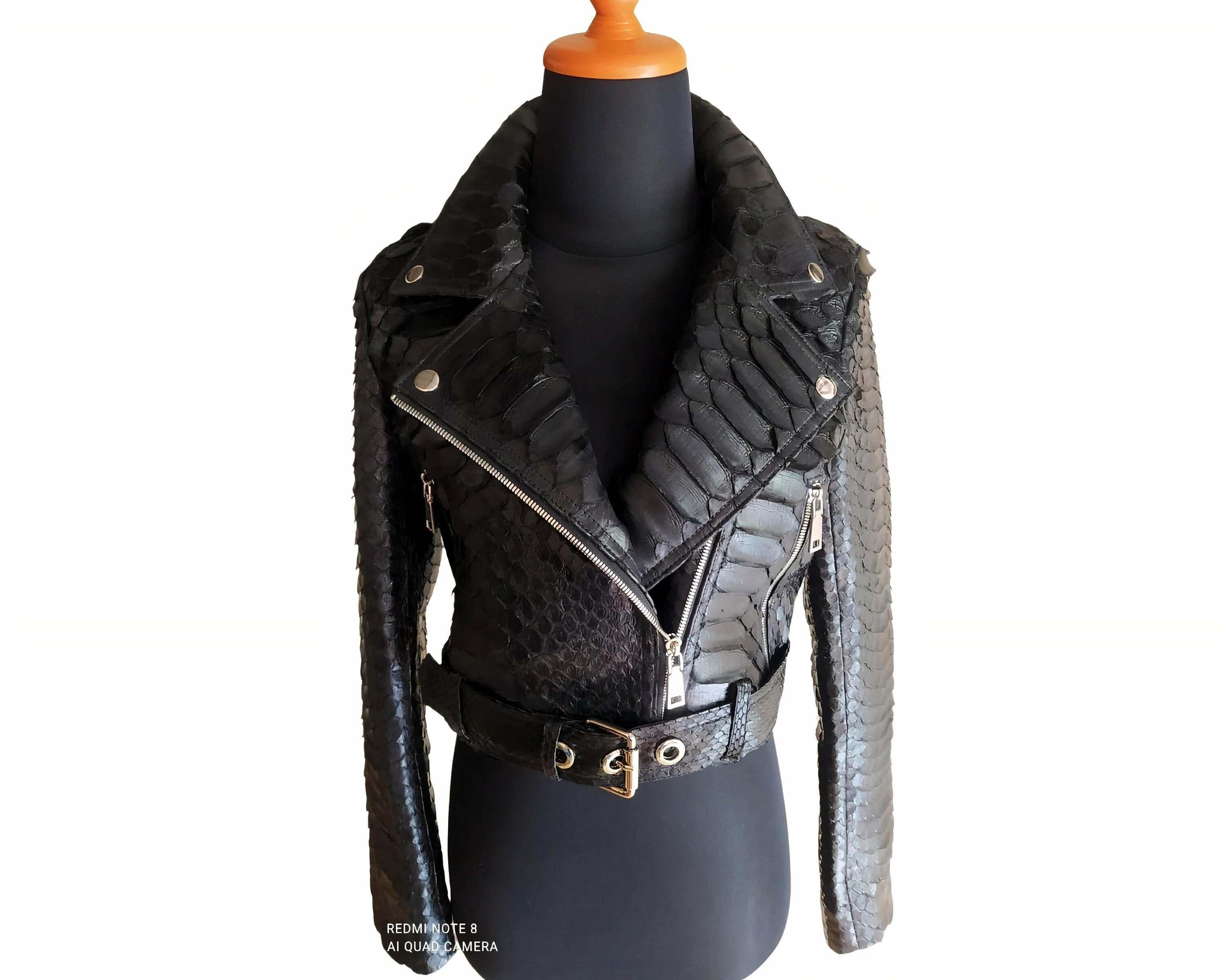 Black Python Snakeskin Leather Jacket Women