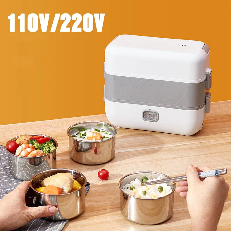 110V/220V Electric Rice cooker Portable Heating Lunch Box with 2/4 Stainless Steel Liner Food Warmer Steamer for Home Office