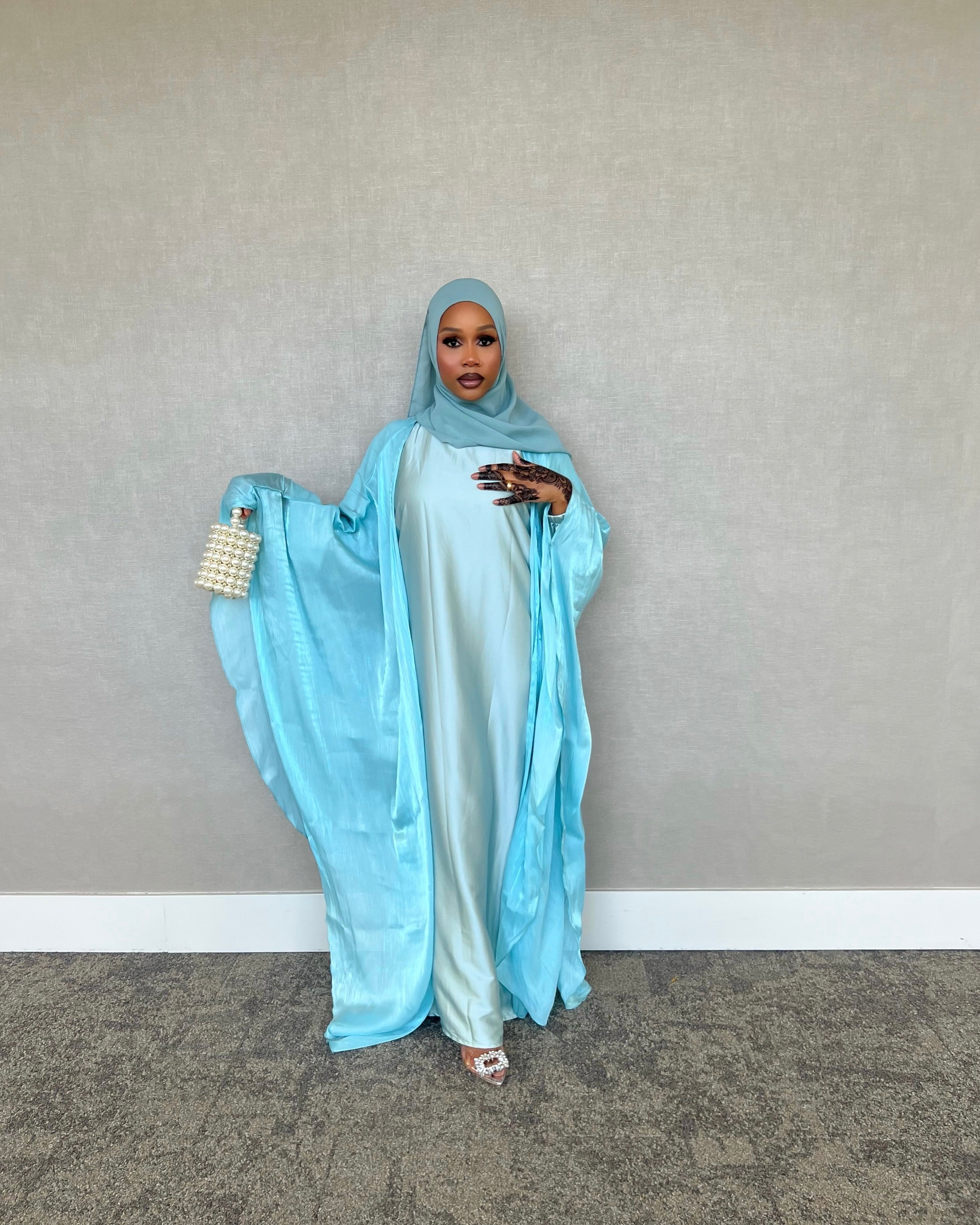 Tropical Blue Four Piece Satin Abaya