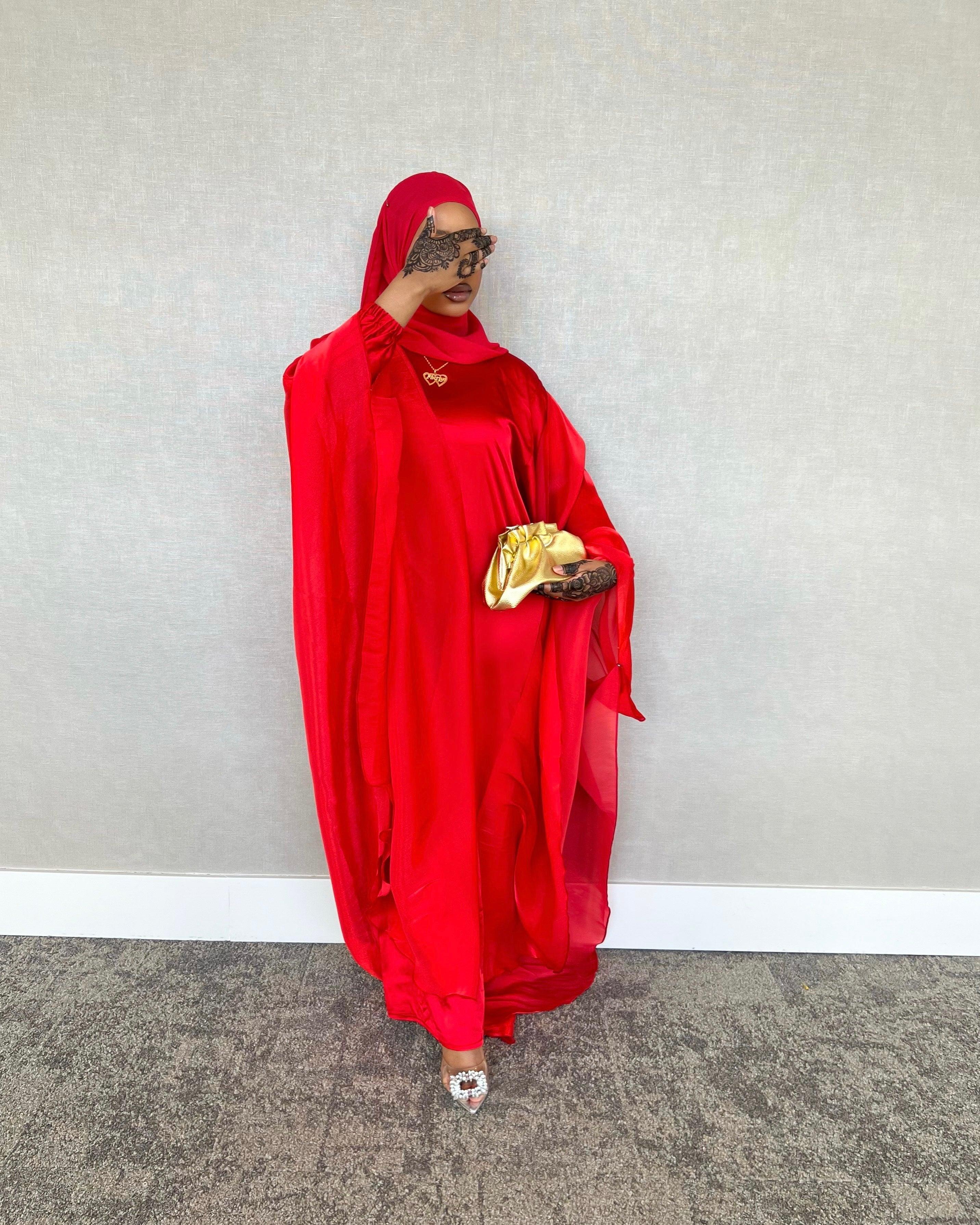 Cherry Red Four Piece Satin Abaya