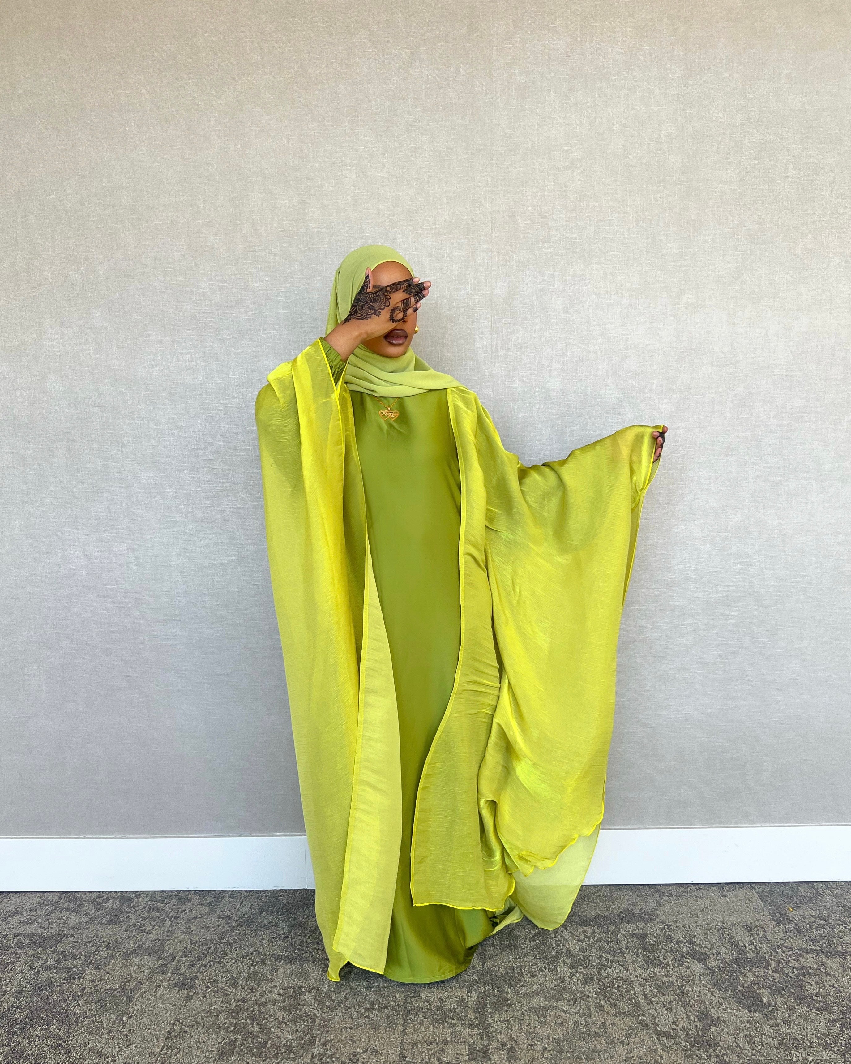 Lime Green Four Piece Satin Abaya