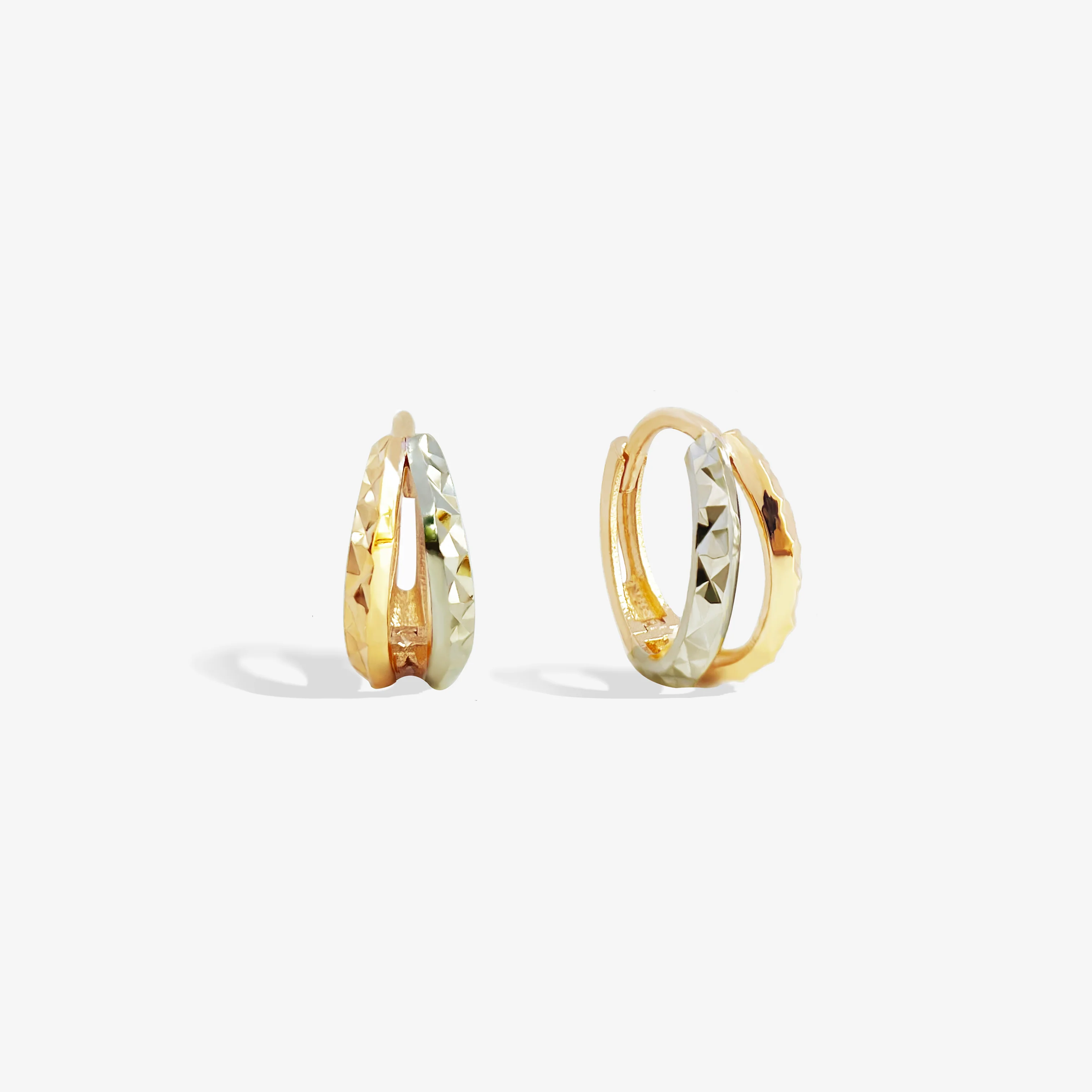 14k Solid Gold Criss Cross Bicolour Huggie Earrings