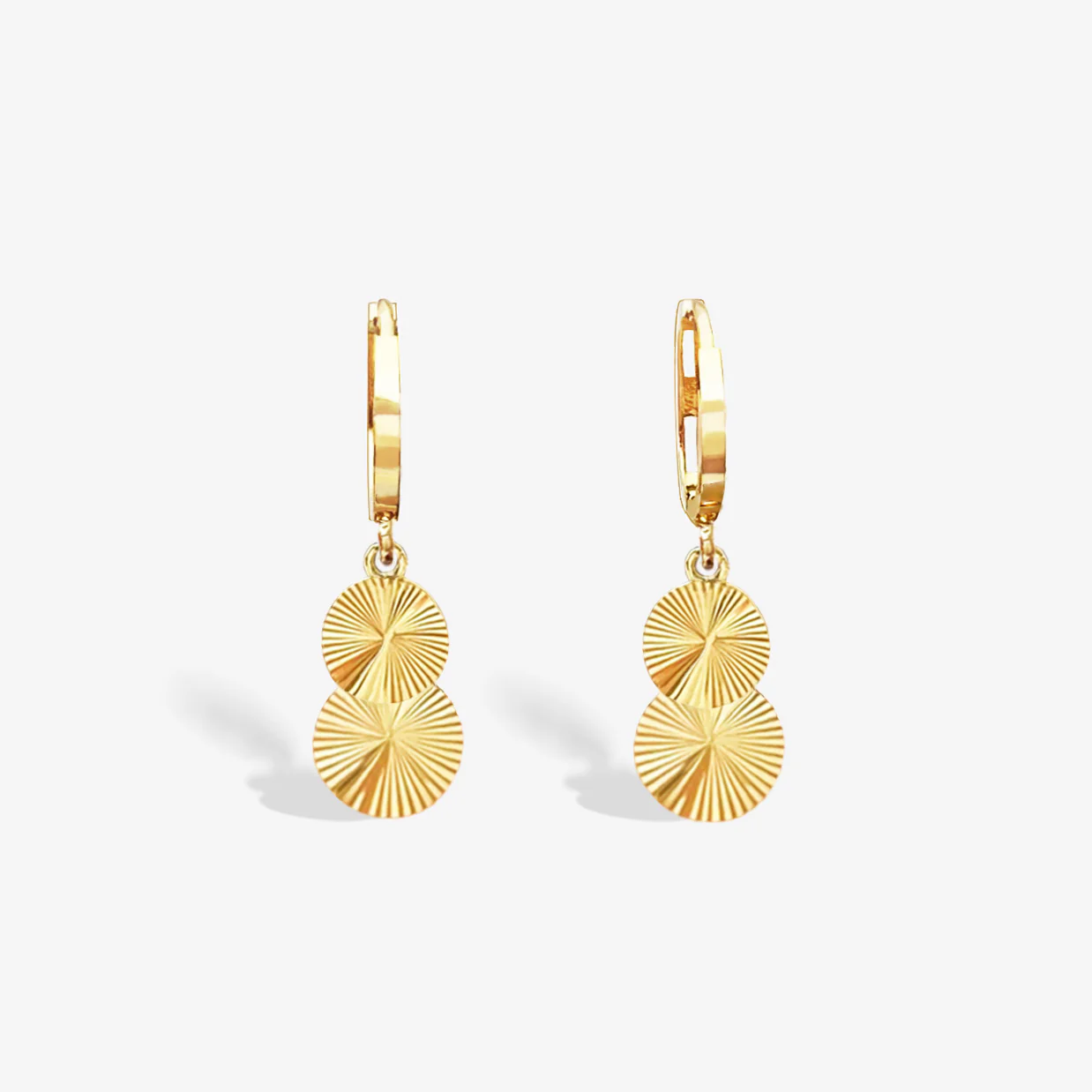 14k Solid Gold Sunray Dangle Disc Huggie Hoop Earrings
