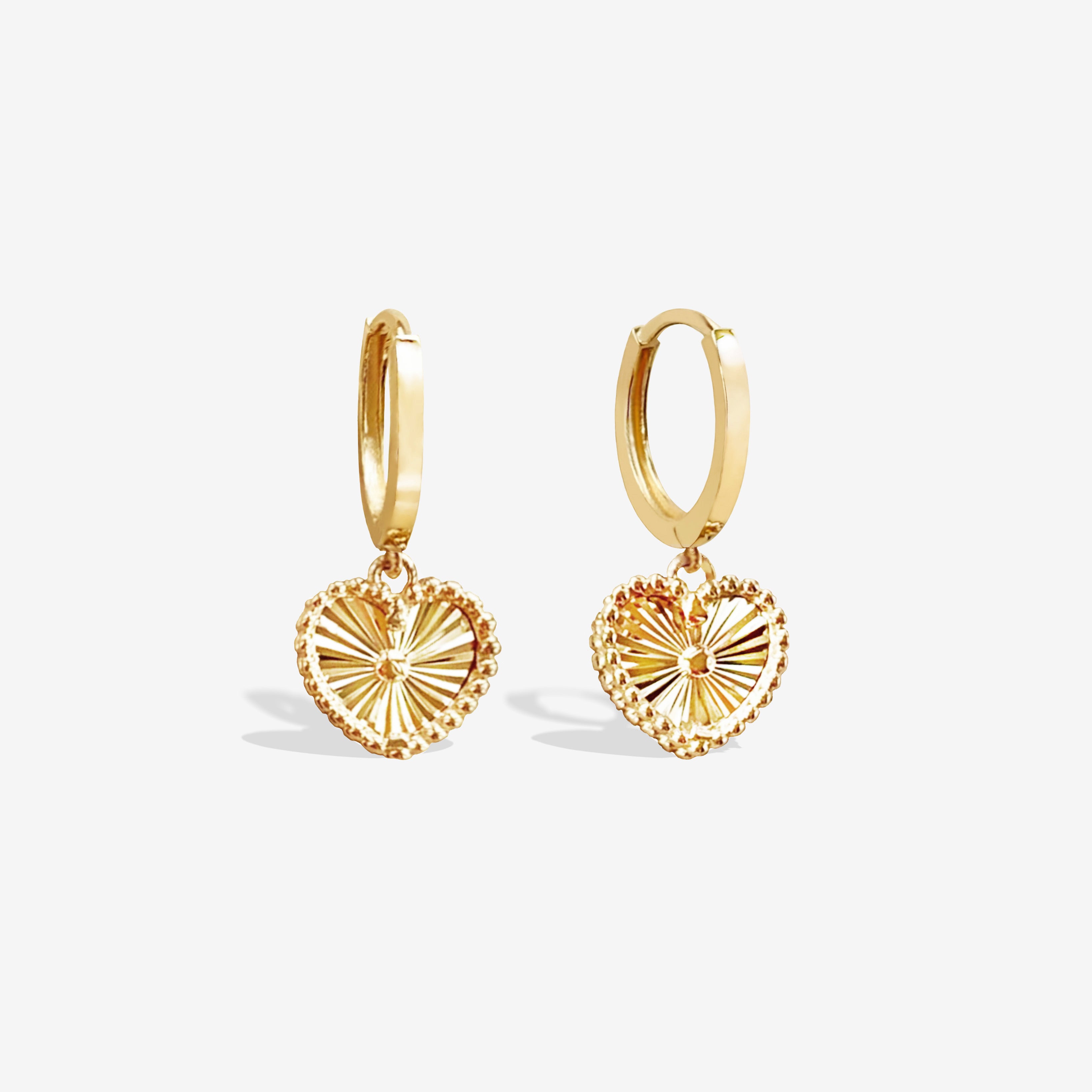 14k Solid Gold Sparkly Heart Charm Huggie Earrings