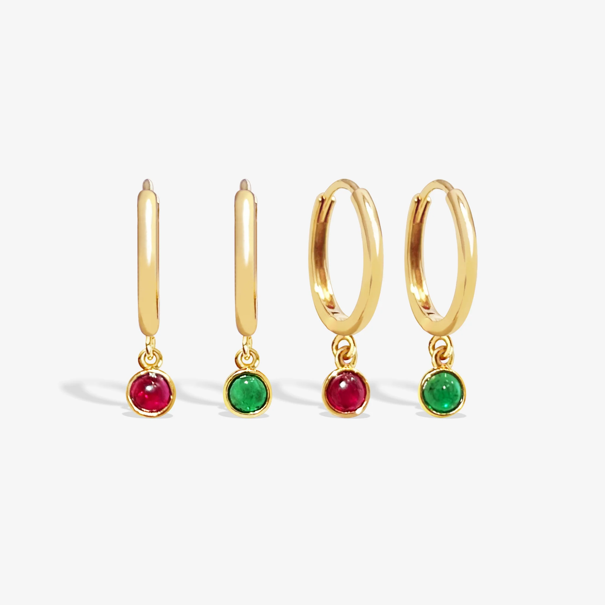 18k Solid Gold Cabochon Ruby/Emerald Charm Drop Earrings