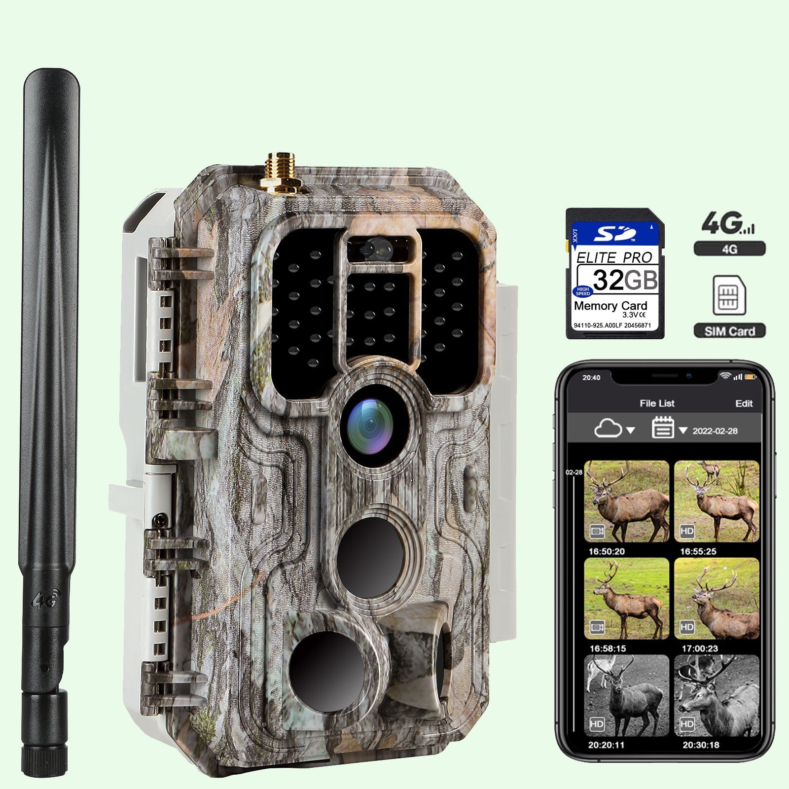 2-tlg. 4G LTE Wildkamera Fotofalle Wildtierkamera mit SIM-Karte 120° Bewegungserkennung 32MP 1296P Nachtsicht IP66 wasserdicht und 32GB SD Karte A390G Grey