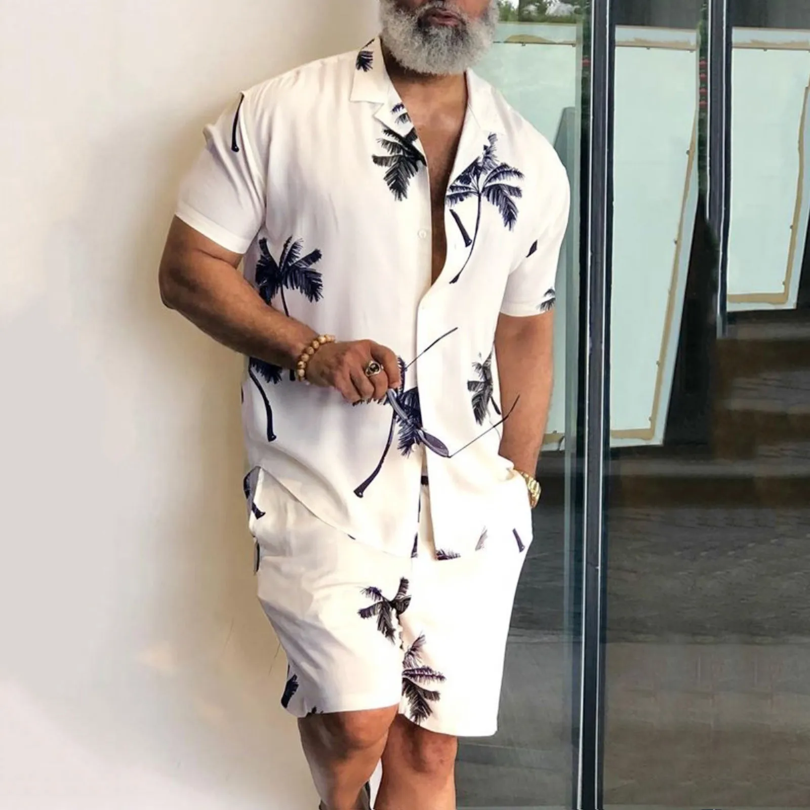 Men Clothing Set Casual Palm Tree Floral Shirt Beach Short Sleeve Suit