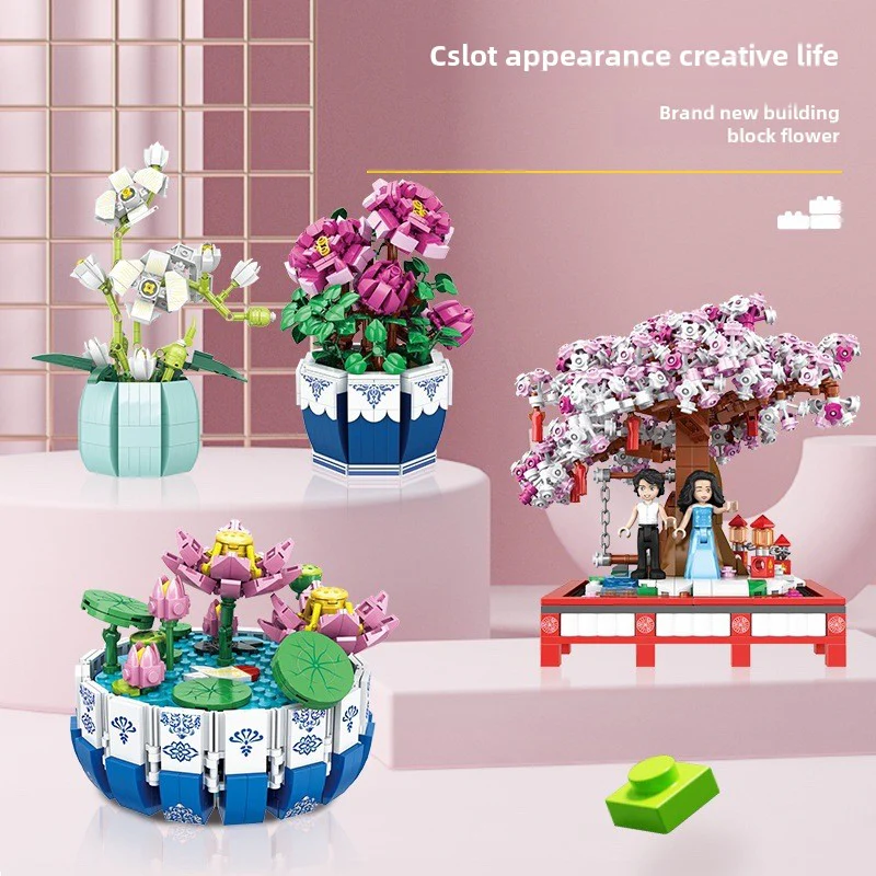 Famous Flower Cherry Blossom Bonsai Bouquet Living Room Decoration Assembling Small Particles Building Blocks Model