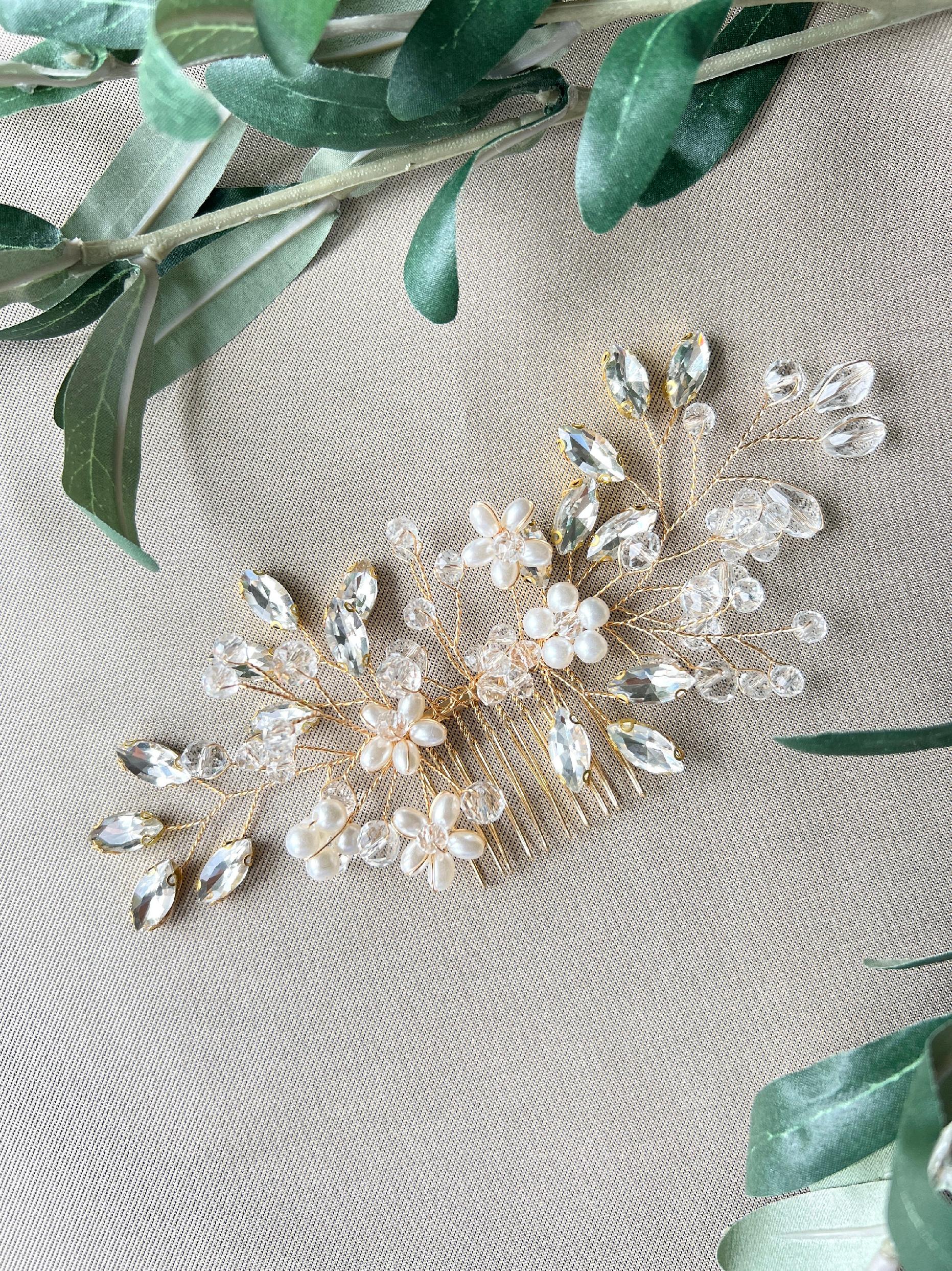 Brauthaarschmuck Haarkamm Blumen Perlen goldener Haarschmuck Hochzeit Braut Kopfschmuck Brautfrisur