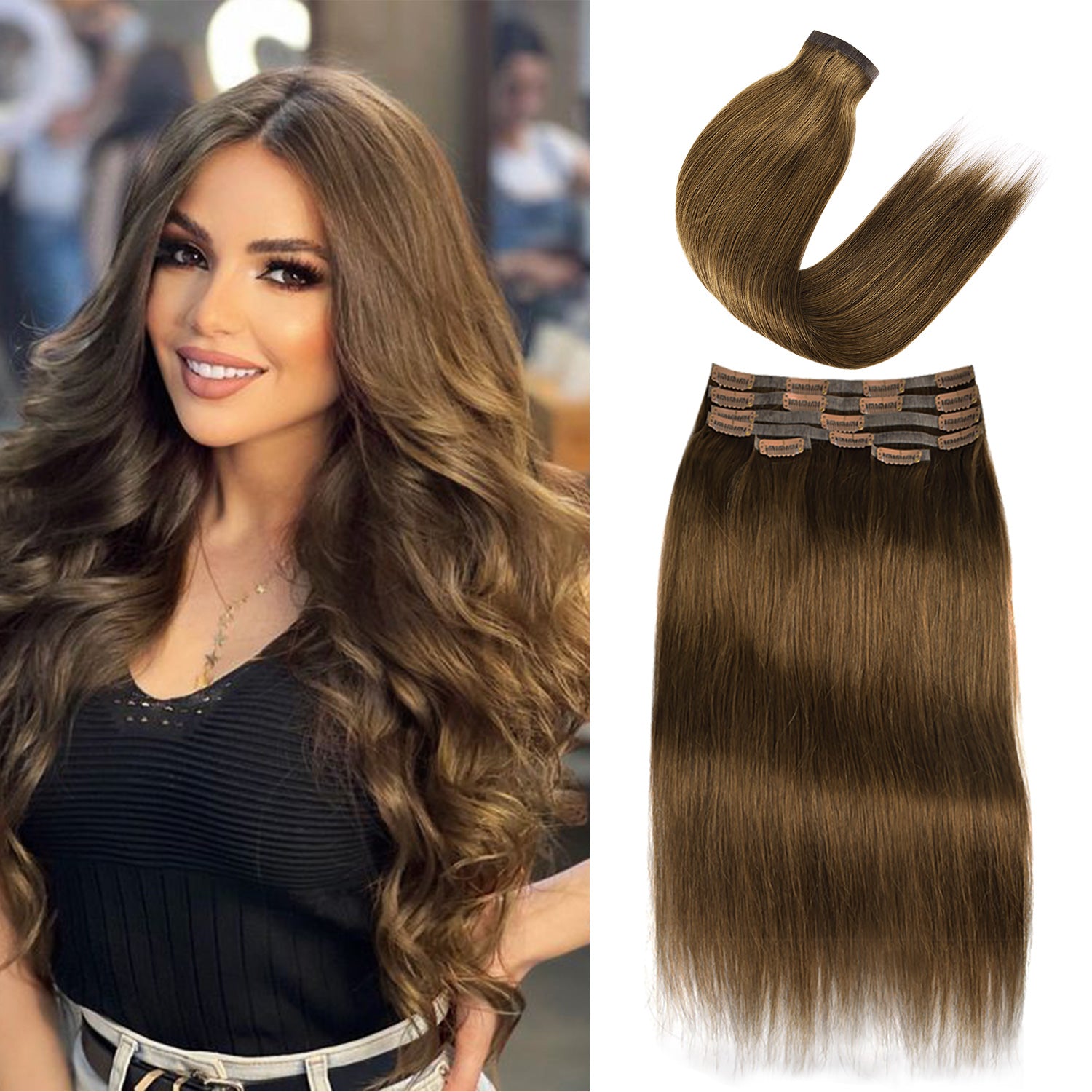CVOHAIR #4 Chocolate Brown Straight Clip in Hair Extensions Real Human Hair PU Seamless Clip ins 6Pcs 110G