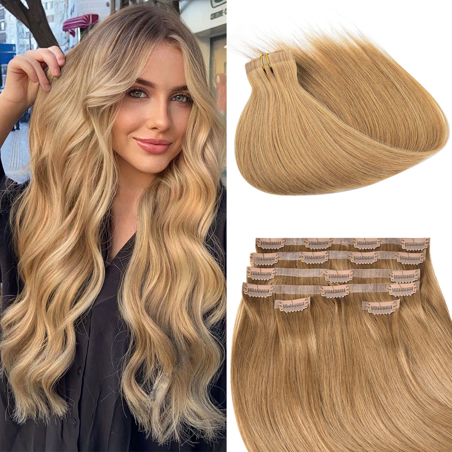 CVOHAIR #12 Strawberry Blonde Straight Clip in Hair Extensions Real Human Hair PU Seamless Clip ins 6Pcs 110G