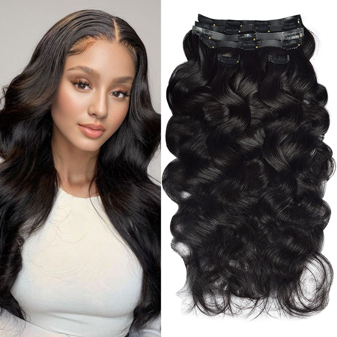 CVOHAIR 6Pcs Body Wave Clip in Hair Extensions Real Human Hair PU Seamless Clip ins Natural Black 110G