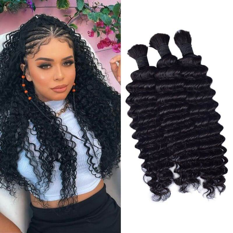 CVOHAIR 300g Deep Wave Bulk Human Hair for Braiding No Weft Human Hair Extensions Natural Black 100g/Each Bundle