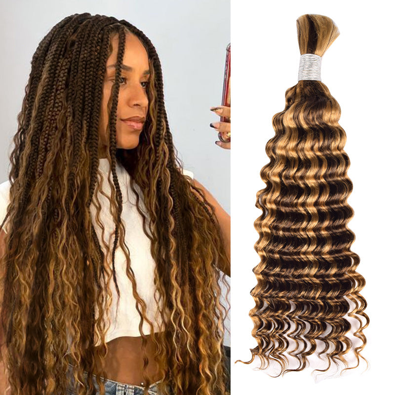 CVOHAIR #4/27 Ombre Highlight Deep Wave Bulk Human Hair for Braiding No Weft Human Hair Extensions 100g/Each Bundle