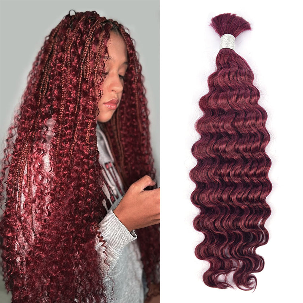 CVOHAIR #99J Burgundy Deep Wave Bulk Human Hair for Braiding No Weft Human Hair Extensions 100g/Each Bundle