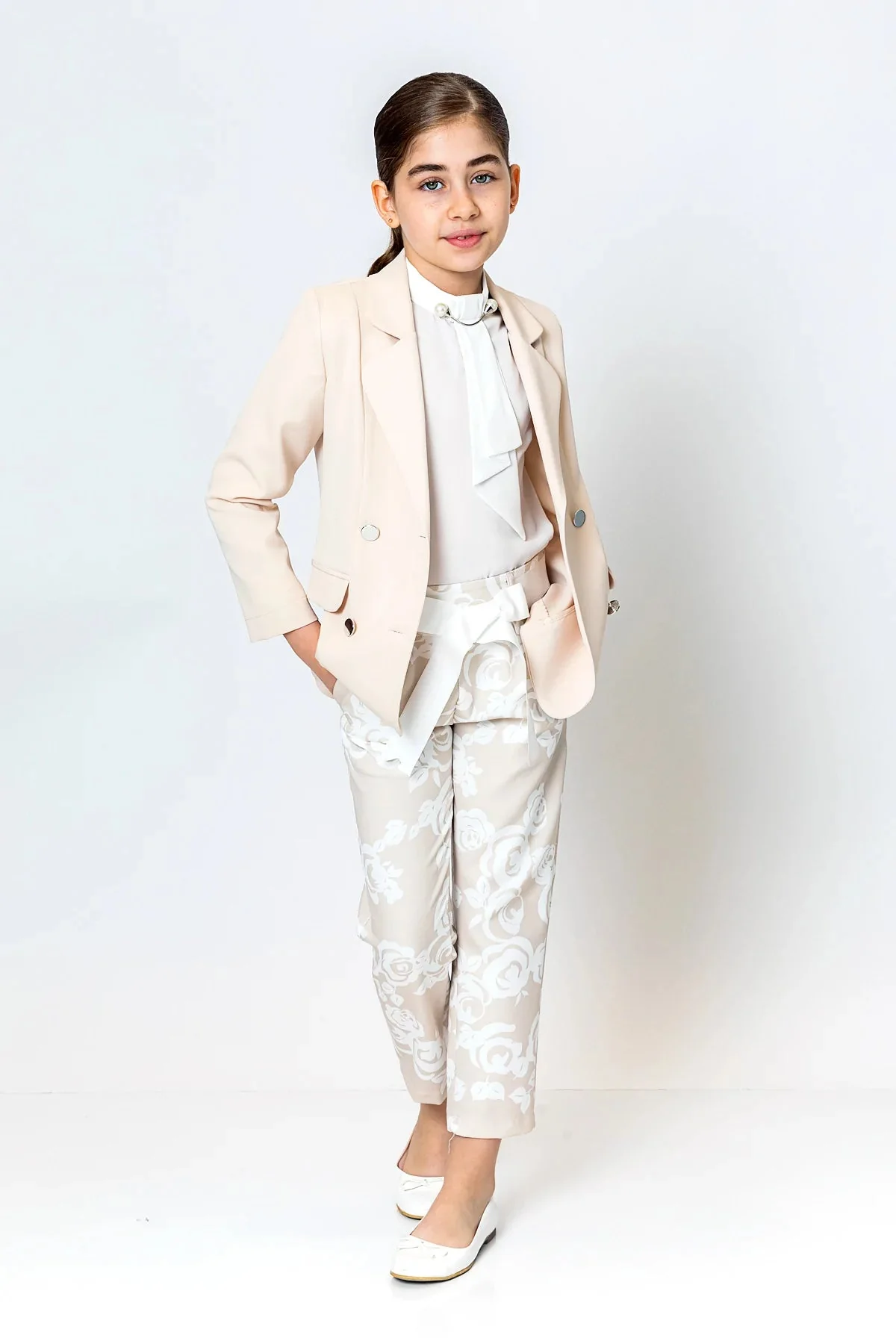 Girl Cream Flowery Belted Pants