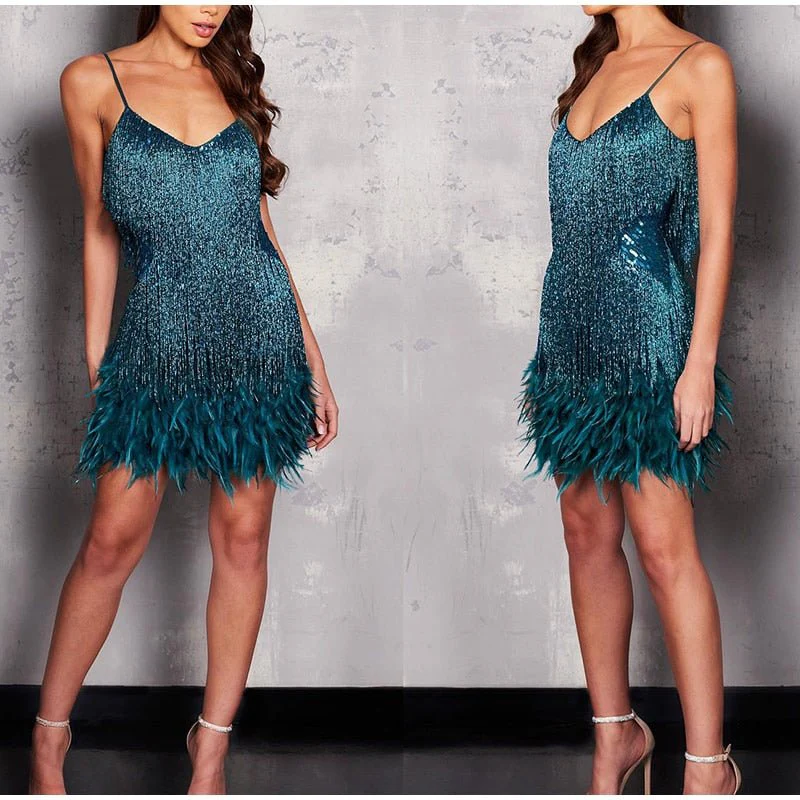 Feather Fringe Sequin Spaghetti Strap Dress