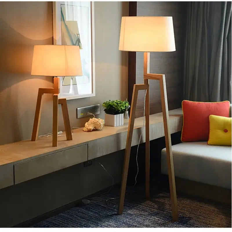 Beige Wooden Tripod Floor Lamp for Bedroom, Living, Bedside